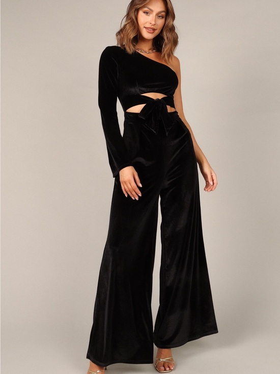Petal & Pup Pants - Petal & Pup Black One-Shoulder Velvet Wide-Leg Jumpsuit